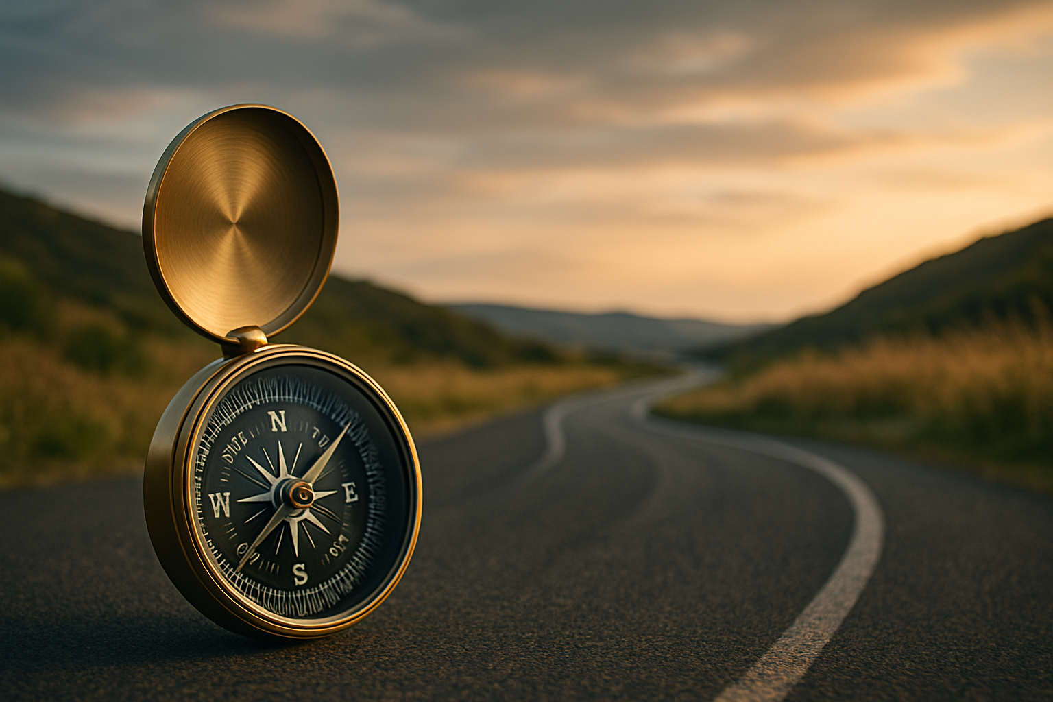 A photograph of a compass resting on a street. The road runs towards the sunset.